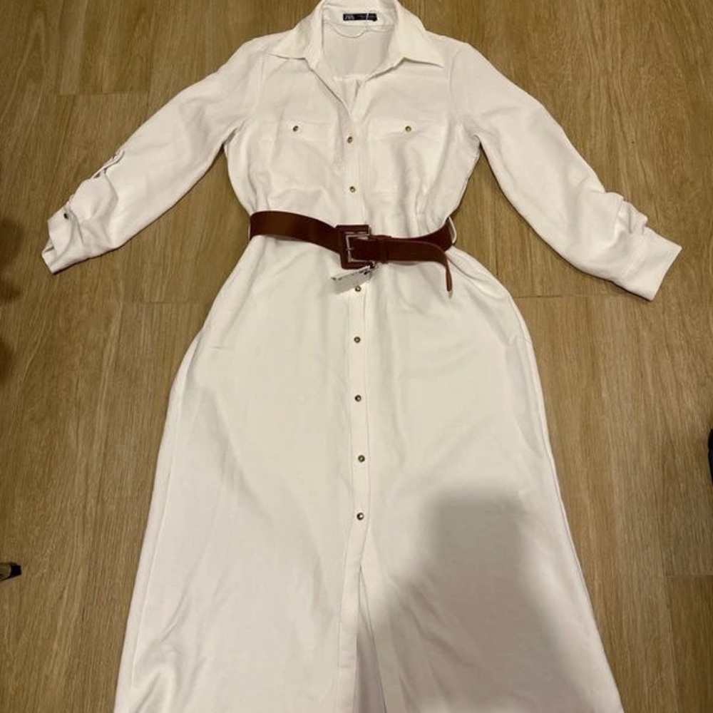 Zara White Long Sleeve Dress with Brown Belt